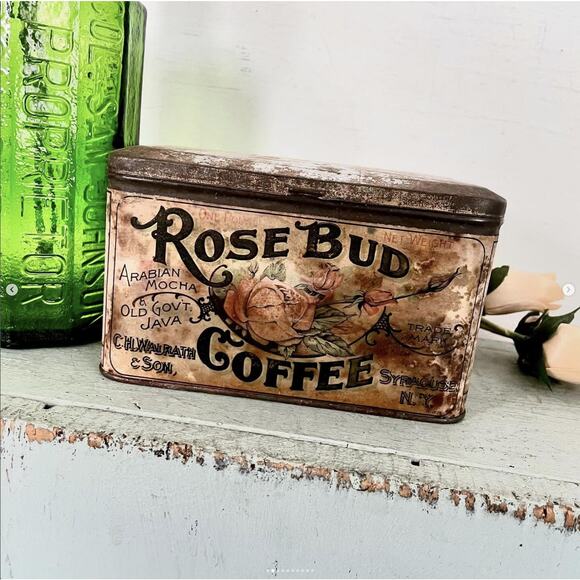 Antique Rare Shabby Rose Bud Coffee Tin Can Canister Box Hinged Lid Paper Label - Picture 2 of 10